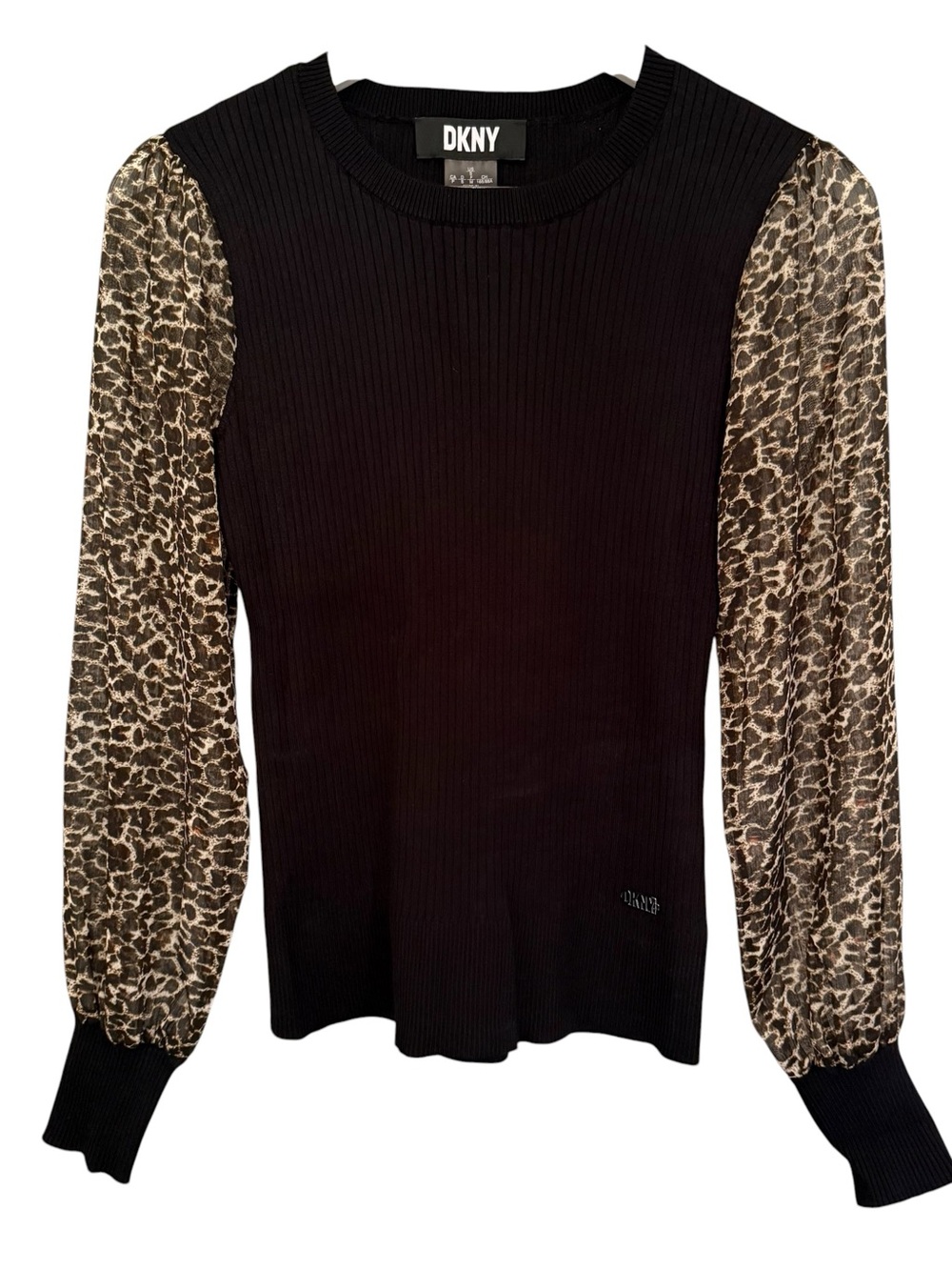 DKNY Women's Sweater Size Small Black Ribbed Sheer Leopard Long Sleeve Top